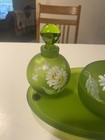 Vintage Westmoreland Satin Green Glass Perfume Bottles powder Vanity Set Rare