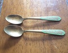 2 Vintage Demitasse Brass   Colored Enamel Teaspoons  Thialand