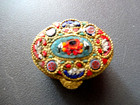 Vtg Unmark Italian Floral Micro Mosaic Pill Trinket Box Brass 1  Oval Hinged