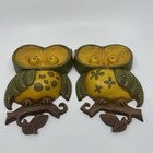 Vintage Set Of  2  Sexton 1970 Cast Aluminum Metal Green Yellow Owl Wall Art Mcm