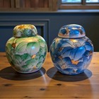 Set Of 2 Blue   Green Miniature Chinese Ginger Jars Gold Accents Vintage 2 75 