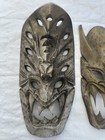 Vtg Hand Carved Mask Wooden Wood Horned Devil Demon Tiki 20  Pointed Teeth 2 Pc 