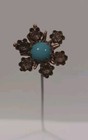 Antique Brass Flower Hatpin Turquoise Blue Glass   Rhinestone Victorian Gf 10 