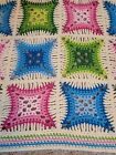 Vintage Crochet Granny Square Throw Blanket Afghan Ivory Pink Blue Green 55x42 