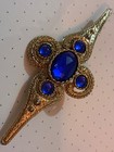 Gold  Tone Ornate Vintage 5stone Cross Style Brooch With 5 Shinning Blue Stones