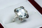 800 Silver - Antique Art Deco Ring - Natural Aquamarine  tested 