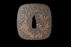 Tsuba Japanese Antique Made Of Iron Mumei Flowers And Leaves Inlay Edo Era