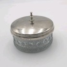 Vintage Glass Dresser Jar Silver Tone Floral Lid Vanity Trinket Powder Box