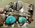 Vintage Phil Chapo Sterling Silver Turquoise   Coral Watch Cuff  Bracelet Signed