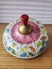 Vintage Tin Litho Spinning Top Toy Fruit Graphics Red Handle Metal Whirring Toy