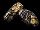 Antique Japanese Shakudo Fuchi Kashira Edo Period Colored Inlay Takabori Sword