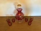 Antique Vintage Cranberry   Gold Decanter W topper   6 Glasses