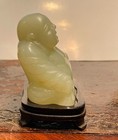 Chinese Carved Jade Statue Of Fat Happy Laughing Buddha W  Wood Stand 3  H