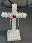 Handmade Clear Crystal Beaded Cross With Red Heart Accent Very Unique
