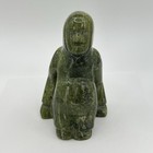 Vintage 1960s Inuit Eskimo Hand Carved Green Soapstone Seated Figure Sculpture