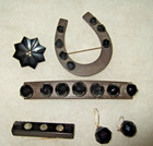 Antique Victorian Mourning Gutta Percha Jet Horseshoe Pins Earrings Lot