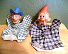 Vntg 1950 s Rubber Head Hand Puppets Cowboy   Clown W oil Cloth Clothes In Box