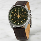 Men s Seiko 42mm Quartz Watch Green Dial Brown Leather Band Strap Silver Case