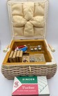 Vintage Sewing Basket Wicker Padded Satin Lid Pastoral Renaissance-style Scene