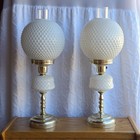 Vintage Hobnail Globe Milk Glass Table Lamps Brass Base  Tested  Working - Pair