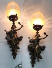 Pair Of Victorian Solid Brass Mermaid Wall Sconces With Glass Antique Wall Lamps