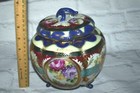 Vintage Asian Hand Painted Biscuit Jar Lidded Floral 3-legged Signed Japan 