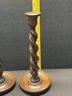 Antique English Barley Twist Candlesticks Candle Holders Oak Pair 12  Tall