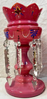 Pair Antique Victorian Bohemian Pink  Glass Mantle Lusters W  Prisms 11   