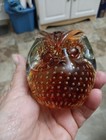 Vintage Pilgrim Amber And Clear Glass Owl Paperweight With Controlled  Bubbles