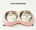 Dual Pet Bowl Feeder Non-slip Base Cute Ear Design Food Water Dish 2 5 Cups Pink