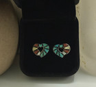 Vintage Sunbell Sterling Silver Turquoise Multi Stone Inlay Heart Stud Earrings 