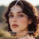 Boho Silver Pearl Crystal Rhinestone Head Chain Wedding Hair Jewelry Adjustable
