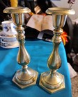 Pair Of Rare Vintage Heavy Solid Brass Queen Anne Hexagon Base Candle Holders