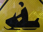 Vintage Metal Caution Yellow And Black Retired Snowmobile Crossing Sign 30   30 