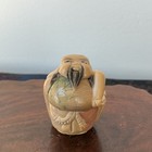 Japanese Carved Netsuke Smiling Bearded Man Holding Fan Figure W himotoshi Sign