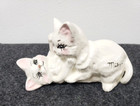Vintage Ceramic White Cat Statue Playing Kittens Signed Figurine 6in Long