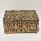 Antique Gothic Revival Brass Bronze Jewelry Casket Box Ornate Religious Relief