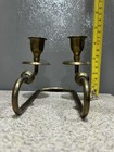 Vintage Brass Double Taper Candlestick Holder Unique Mcm Patina Vgc