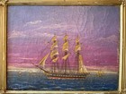 Antique Vintage Marine Seascape Oil Painting Purple Pink  Sky
