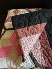 Vtg Handmade Quilt Hexagon Star Cotton Black Mauve Pink 65x52