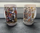 Vintage 2 White Opaline Glass Mugs Decorated With Medieval Festival Scene France