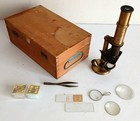Antique Brass Field Monocular Microscope In Wooden Case  Vintage Field Microscop