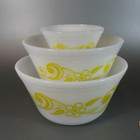 Vintage F Federal Glass Flower Daisy Series Pattern Set 3 Nesting Bowls Yellow