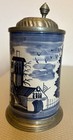 Antique German Faience Beer Stein Cobalt Blue Hand Painted Rustic Scene Pewter