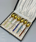 Vintage Meka Denmark Sterling Silver Demitasse Coffee Spoon Set Guilloche Enamel