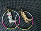 Beaded Hoop Earrings With White Cowboy Boot Charms And Pink Tribal Style Tulips
