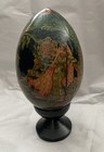 Hand-painted Wooden Egg Russia Moscow 1992 Signed Black Gold Pedestal Vintage