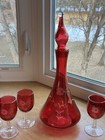 Mcm Red Cranberry Decanter W stopper And 6 Goblet Set Etched Floral Wine Vintage