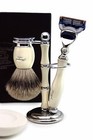 5 Edge Compatible Razor silver Tip Badger Brush With Stand  Bowl   Shaving Soap