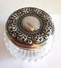 Vintage Sterling Marked Lid Cut Glass Vanity Jar 3 25  Tall Powder Jar Repousse